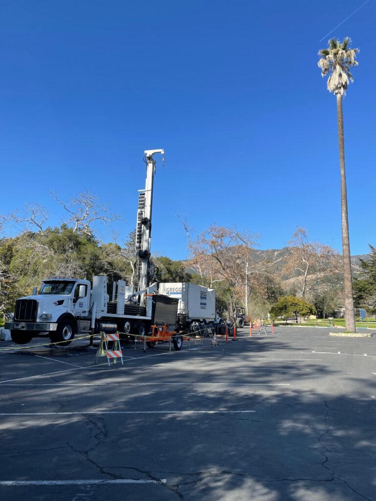 Montecito GSA installed monitoring and observation wells at Manning Park earlier this year, shown here. Completed sites appear simply as flat white circles in the parking lot.
